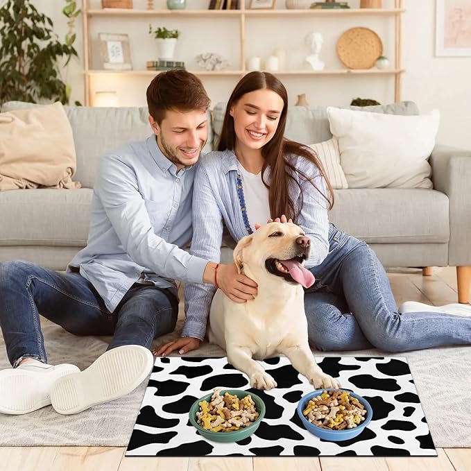 Cow Print Dog Food Mat for Floors Absorbent Dog Bowl Mat for Food and Water Dispenser Quick Dry Cat Food Placemat Pet Supplies 12" x 20", Milk Cow Print