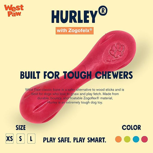 WEST PAW Zogoflex Hurley Dog Bone Chew Toy β Floatable Pet Toys for Aggressive Chewers, Catch, Fetch β Bright-Colored Bones for Dogs β Recyclable, Dishwasher-Safe, Non-Toxic, Large 8.25", Ruby Red