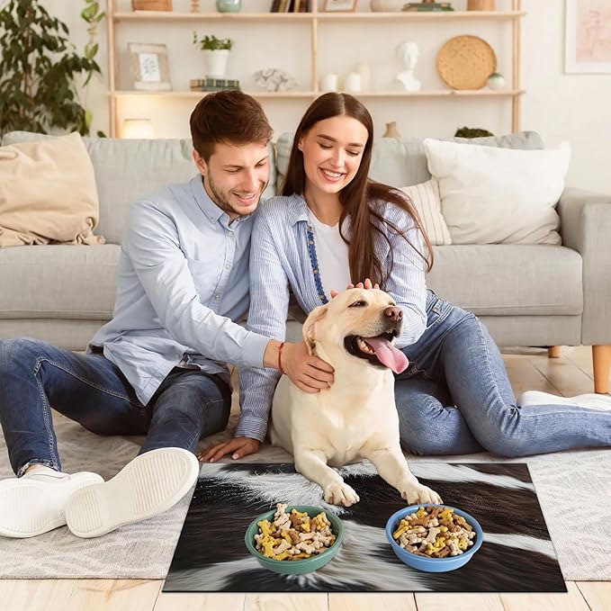 Cow Skin Dog Food Mat for Floors Absorbent Dog Bowl Mat for Food and Water Dispenser Quick Dry Cat Food Placemat Pet Supplies 16" x 24", Brown White Fur