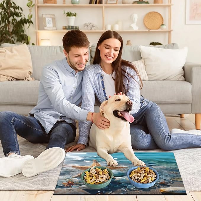 Starfish Seashell Dog Food Mat for Floors Absorbent, Quick Dry Water Dispenser Mat for Food, Water, Pet Supplies 24" x 32", Ocean Beach