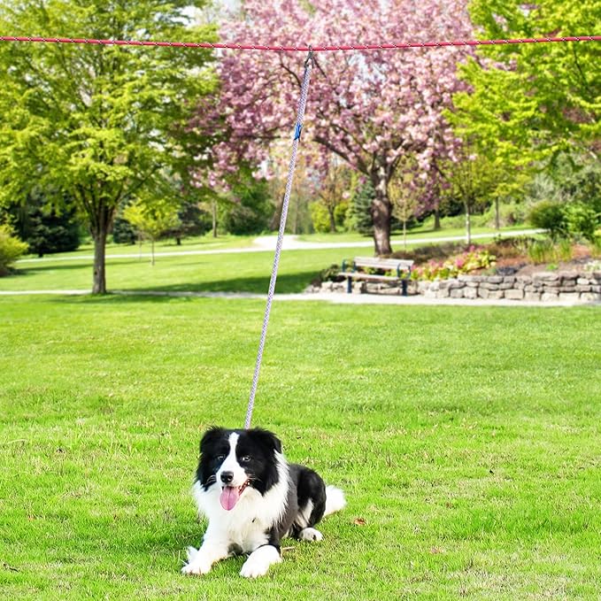 XiaZ Dog Tie Out Cable for Camping, 75ft Portable Overhead Trolley System for Dogs up to 200lbs,Dog Lead for Yard, Camping, Parks, Outdoor Events,5 min Set-up