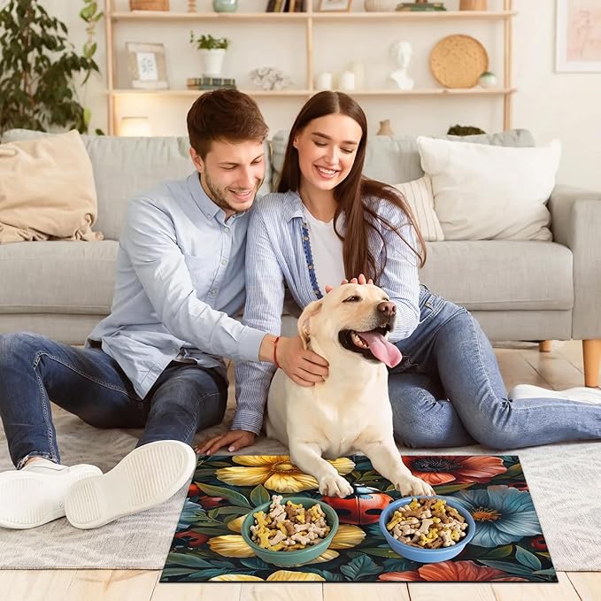 Ladybird Dog Food Mat for Floors Absorbent, Quick Dry Water Dispenser Mat for Food, Water, Pet Supplies 12" x 20", Spring Flower