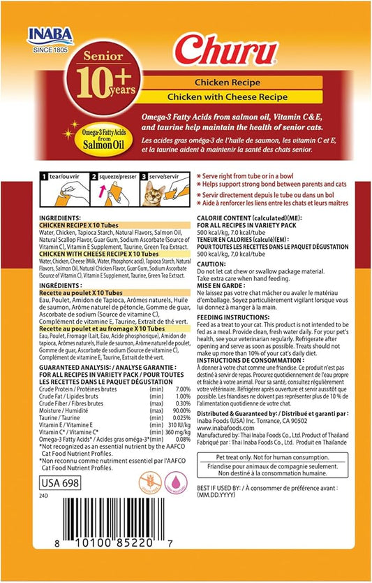 INABA Churu for Senior 10+, Creamy Lickable Cat Treats with Taurine, Vitamin E & C, 0.5 Ounces Each, 20 Tubes, Chicken Variety