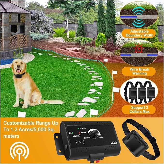 Electric Dog Fence, In-ground/Aboveground Dog Boundary Fence Pet Containment System with Waterproof Rechargeable Training Collar and 984 FT Underground Boundary Wire, for All Dogs,for3dogs