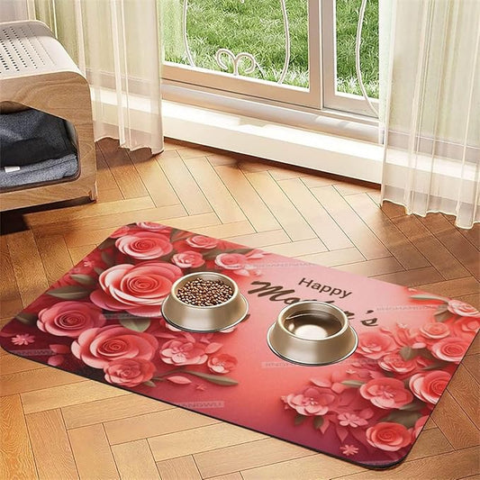 Pet Feeding Mat for Dogs Cats Happy Mother's Day Red Floral Gift for Mom Du Absorbent Dog Food Mat Non-Slip Waterproof Placemat Quick Dry Pet Supplies Bowl Mats
