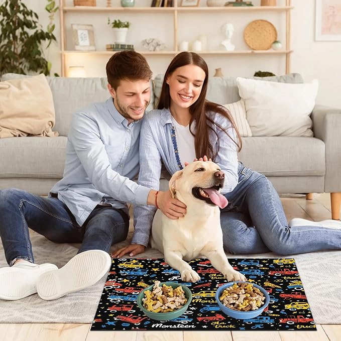 Cool Car Dog Food Mat for Floors Absorbent, Quick Dry Water Dispenser Mat for Food, Water, Pet Supplies 17" x 30", Cute Car