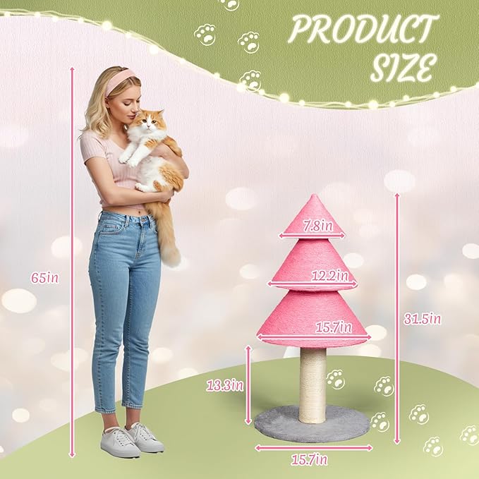 Outvita 31.5in Christmas Tree Cat Scratcher, Cat Scratching Post for Indoor Cats, Large Sisal Cat Scratching Tree Cat Scratch Tower, Pink