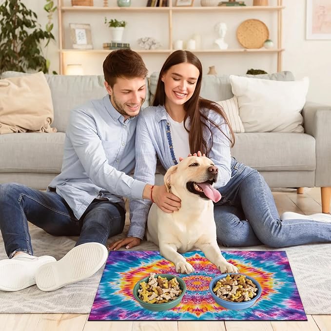 Tie Dye Dog Food Mat for Floors Absorbent, Quick Dry Water Dispenser Mat for Food, Water, Pet Supplies 17" x 30", Boho Mandala Rainbow