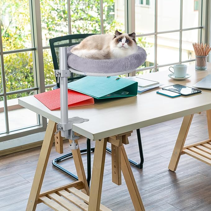 Cat Desk Bed,Steel Cat Bed for Desk,Up and Down Available,360° Rotating, Shelf Height Adjustable, Desktop Attachment Cats Nest Perch Hammock for Office Game Tables, Supports 40lb (Dark Gray