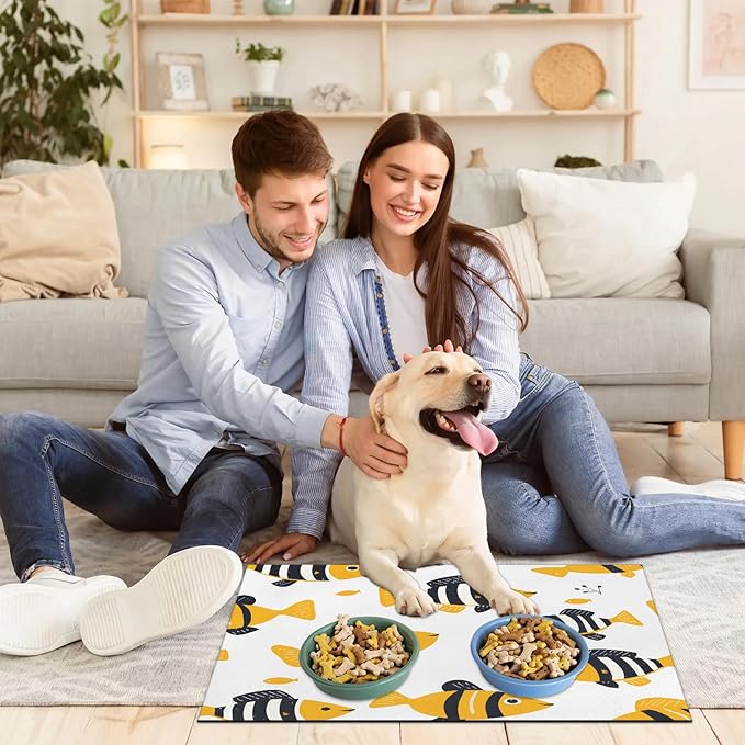 Cute Fish Dog Food Mat for Floors Absorbent Dog Bowl Mat for Food and Water Dispenser Quick Dry Cat Food Placemat Pet Supplies 24" x 32", Ocean