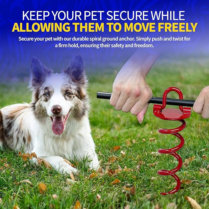 Pet Fit For Life Dog Tie Out Stake - Heavy Duty Steel Yard Stake, Secure Ground Anchor with Swivel Ring for Cable, Outdoor Leash Anchor Ideal for Camping, Beach, Park - Small & Large Dogs, Red, 15"