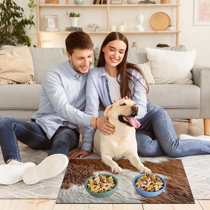 Cow Print Dog Food Mat for Floors Absorbent Dog Bowl Mat for Food and Water Dispenser Quick Dry Cat Food Placemat Pet Supplies 17" x 30", Brown White Fur