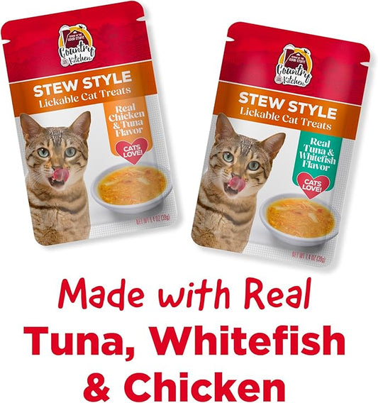 Country Kitchen Stew Style Lickable Cat Treats, 2 Flavor Variety Pack, Includes Tuna & Whitefish and Chicken & Tuna Made with Real Meat, 5 oz. Tubes, 12 Count