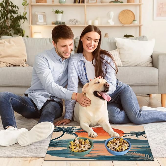 Beach Sunset Dog Food Mat for Floors Absorbent, Quick Dry Water Dispenser Mat for Food, Water, Pet Supplies 12" x 20", Boho Mountain