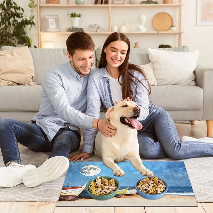 Seasides Sailboat Dog Food Mat for Floors Absorbent, Quick Dry Water Dispenser Mat for Food, Water, Pet Supplies 16" x 24", Nautical Coastal