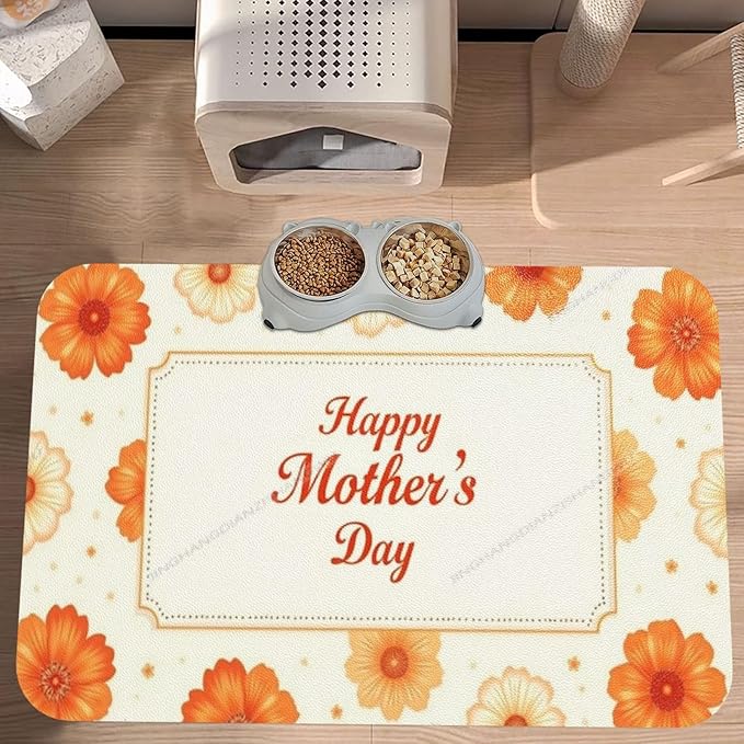 Pet Feeding Mats with Residue Collection Happy Mother's Day Floral Gift for Mom Yellow Lh Waterproof Dog Cat Bowl Mat 24x16In with Prevent Water Food Spills