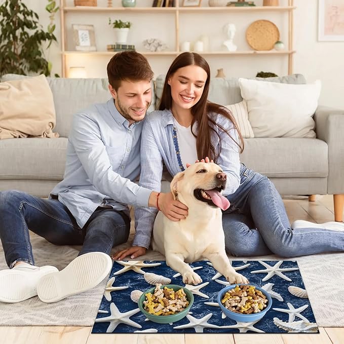 Starfish Dog Food Mat for Floors Absorbent Dog Bowl Mat for Food and Water Dispenser Quick Dry Cat Food Placemat Pet Supplies 12" x 20", Blue Denim