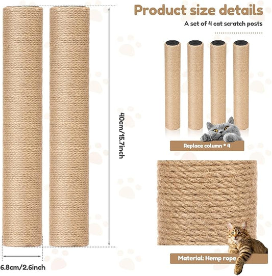 4 PCS Cat Scratching Post Replacement, 15.7 Inches Cat Tree Replacement Post, Natural Sisal Rope Cats Pole for Indoor, Cats Furniture Accessories for Kitten Tree Tower