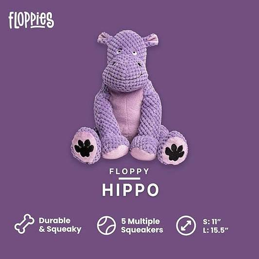 fabdog Floppies Plush Dog Toy - Cute & Durable Squeaky Dog Toys - Squeak Toy for Puppies and All Breeds | Ideal Pet Gift| Small Hippo