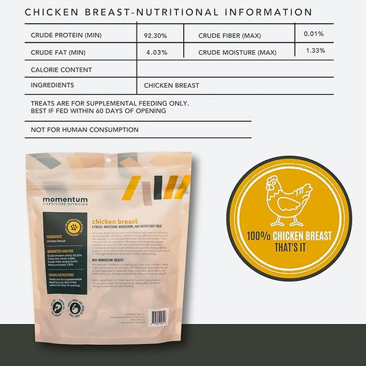 Momentum Carnivore Nutrition Freeze-Dried Chicken Breast Dog Treats & Cat Treats β Single-Ingredient, High-Protein, Grain-Free, Lean & Easily Digestible β Made in USA β 3 oz Bag