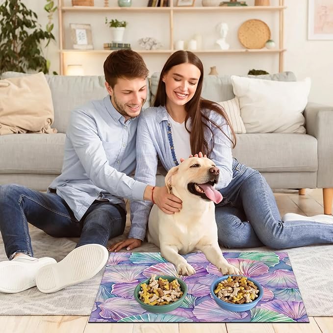 Watercolor Shell Dog Food Mat for Floors Absorbent Dog Bowl Mat for Food and Water Dispenser Quick Dry Cat Food Placemat Pet Supplies 16" x 24", Coastal Seashell