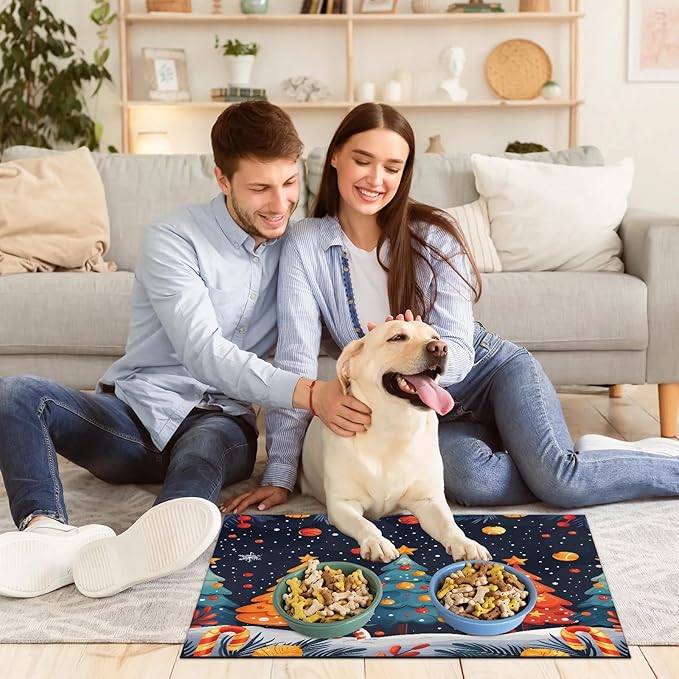Merry Christmas Dog Food Mat for Floors Absorbent, Quick Dry Water Dispenser Mat for Food, Water, Pet Supplies 17" x 30", Snowy Xmas Tree