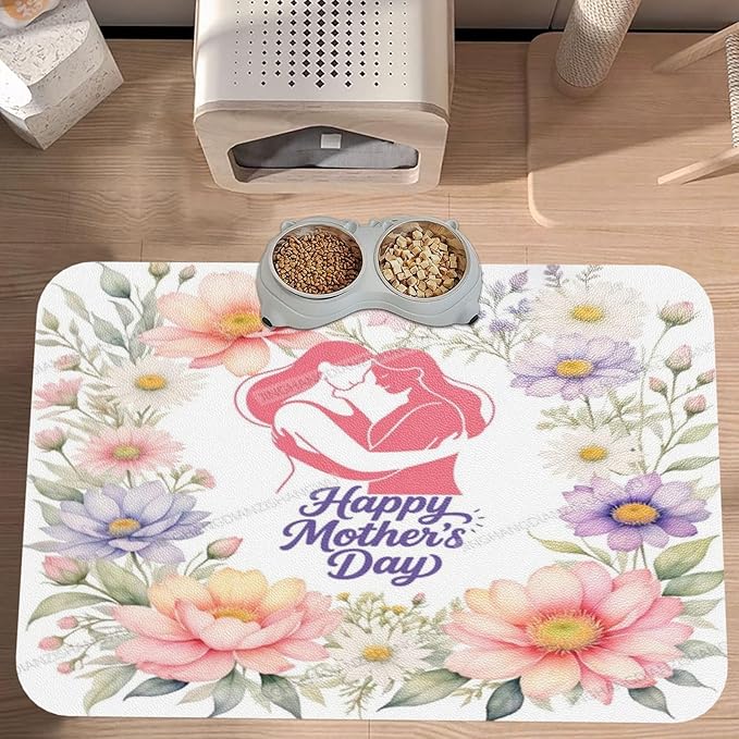 Pet Cat Dog Food Mat Absorbent Dog Feeding Mat Happy Mother's Day Floral Gift Mom Gx No Stains Cat Food Mats Indoor Pet Accessories Supplies Dogs Placemat Water Bowl Mats with Rubber Backing 18X12In