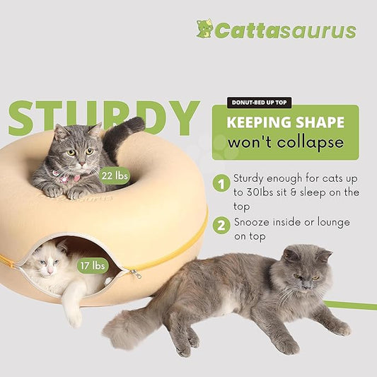 Cattasaurus Peekaboo Cat Cave Donut for Multiple & Large Cats up to 30-45 lbs, 3-in-1 Self Warming Cat Bed, Tunnel & Scratcher for Indoor Cats, Washable & Detachable Dog Bed (Pastel Macaron, Large)