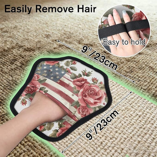 Reusable Pet Hair Removal Glove Flowers Stars Stripes Magic Brush for Cat & Dog Hair Remover for Car, Sofa, Bedding, Clothes - 9x9 Mitt Washable