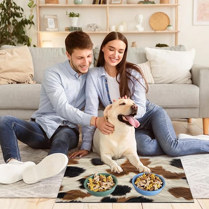 Cow Print Dog Food Mat for Floors Absorbent Dog Bowl Mat for Food and Water Dispenser Quick Dry Cat Food Placemat Pet Supplies 16" x 24", Cow Skin