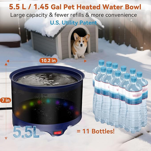 5.5L Heated Water Bowl, 1.45Gal Large Heated Dog Bowls for Outside, Outdoor Winter Waterproof Heat Pet Water Bowl with Chew Resistant Power Cord & LED Neon for Dog/Cat/Chicken/Duck/Rabbit