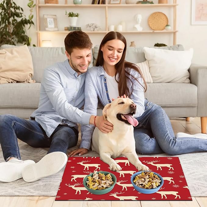 Xmas Elk Dog Food Mat for Floors Absorbent, Quick Dry Water Dispenser Mat for Food, Water, Pet Supplies 17" x 30", Gold Deer