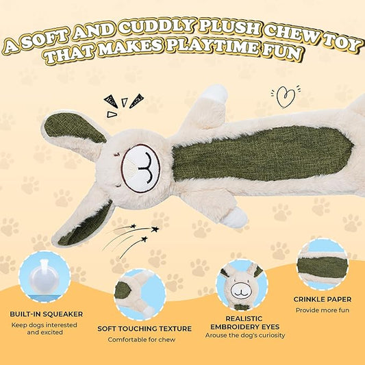 Squeaky Dog Toys for Small & Medium Breeds, Soft No Stuffing Interactive Puppy Teething Chewing Toy with Crinkle Paper, Best Birthday, Christmas, Halloween, Easter Gift, Flat Rabbit