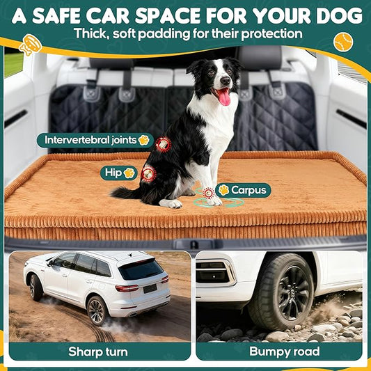 Dog Car Bed, Non-Slip Backseat Extender Pet Mat, Removable Washable Dog Bed for SUVs, Sedans & Trucks, Anti-Slip Travel Bed for Dogs, Easy Clean & Scratch-Proof & Comfort Brown(56"x28.7"