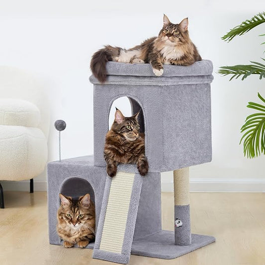 32inch Tall Cat Tree with 2 cat condo for Adult Cats Cozy Cat Tower with Scratching Post and Scrather Board for Cats of Different Ages.(Light Grey)