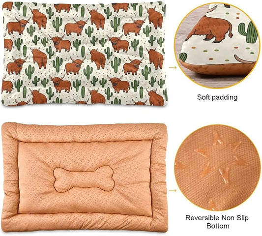 Dog Bed for Crate Washable Pet Sleep Pad, Highland Cow Kennel Mat with Non-Slip Bottom, Soft Fluffy Supplies Pet for Dogs and Cats (24x18 inch)