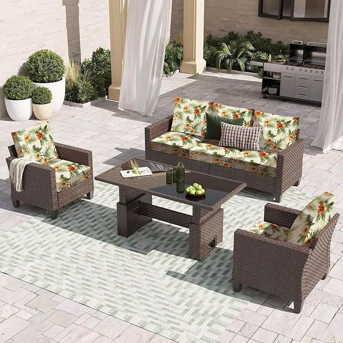 HANDONTIME 8Pcs Outdoor Patio Cushion Covers Floral Leaves Stretch Couch Cushion Cover Patio Couch Slipcover for Outdoor/Indoor Washable Non-Slip Furniture Protector for Pet (Green, Cover Only)