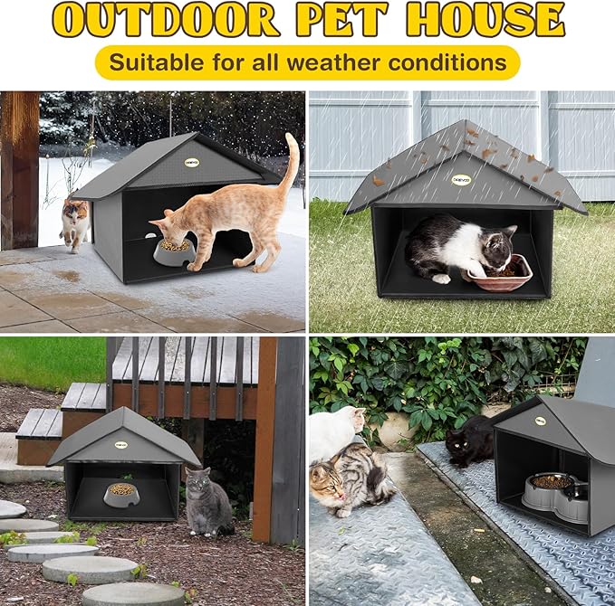 Dreyoo Outdoor Cat Feeding Station for Food & Water, Weatherproof Outdoor Kitty Dining Room Cat Shelter for Stray, Feral Cats and Community Cats, 13”d x 17”w x 15.5'h(2 Pack,Dark Grey)