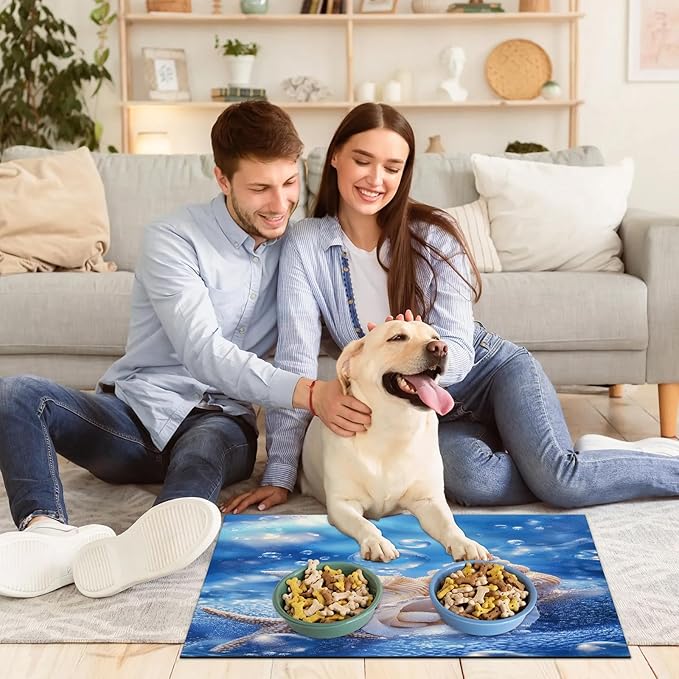 Ocean Beach Dog Food Mat for Floors Absorbent Dog Bowl Mat for Food and Water Dispenser Quick Dry Cat Food Placemat Pet Supplies 17" x 30", Starfish Seashells