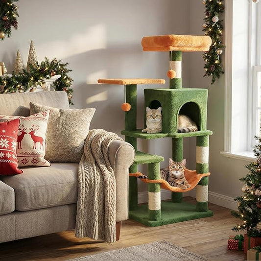Tangkula Cat Tree Tower, 44 Inch Multi-Level Cat Tower with Sisal Scratching Posts, 2-Door Condo, Padded Top Perch & Hammock, 2 Hanging Balls, Jumping Platforms for Indoor Cats (Green & Orange)