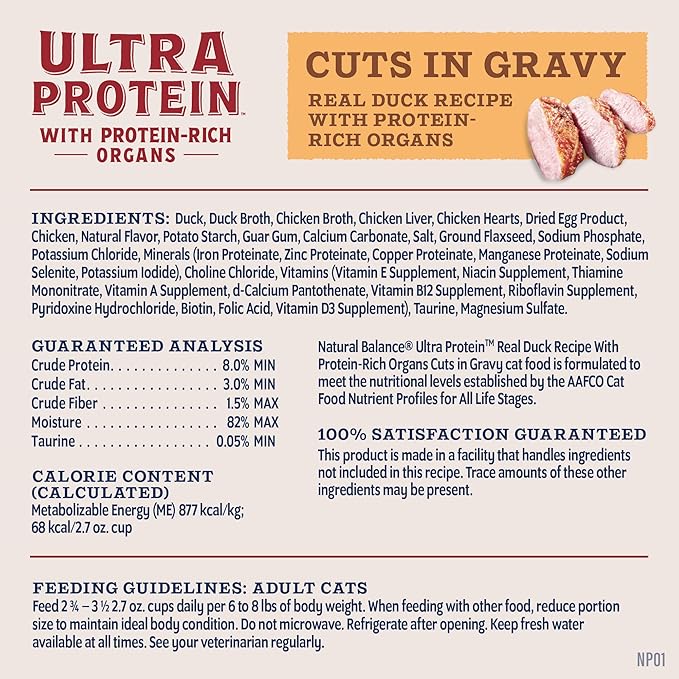 Natural Balance Ultra Protein Wet Cat Food Cuts in Gravy, Real Duck Recipe with Protein-Rich Organs for Cats - 2.7oz. (Pack of 10)