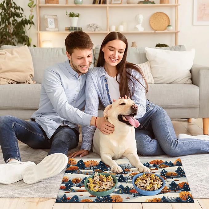 Forest Dog Food Mat for Floors Absorbent, Quick Dry Water Dispenser Mat for Food, Water, Pet Supplies 16" x 24", Village House