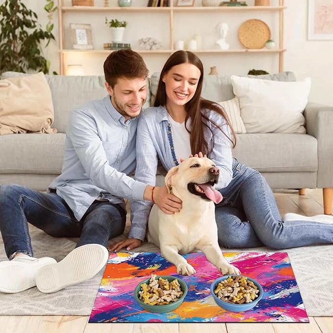 Colorful Graffiti Dog Food Mat for Floors Absorbent Dog Bowl Mat for Food and Water Dispenser Quick Dry Cat Food Placemat Pet Supplies 16" x 24", Abstratc Graffiti