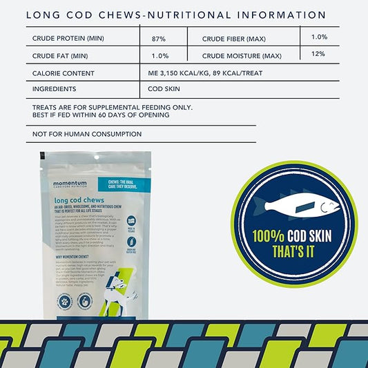 Momentum Carnivore Nutrition Long Cod Dog Chews β Single Ingredient Icelandic Cod Skin Treats β Natural Dental Support, High-Protein Fish Chews - 4.2 oz Bag