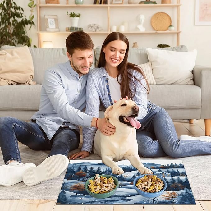 Village Dog Food Mat for Floors Absorbent, Quick Dry Water Dispenser Mat for Food, Water, Pet Supplies 16" x 24", Forest Snowflake