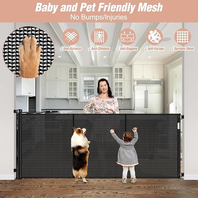 Reinforced 42" Tall x 75" Wide Retractable Baby Gate with Support Rods - Prevents Crawling Under Extra Tall Pet Gate Indoor Mesh Gate Outdoor Long Baby Gate Tall Dog Gates for Doorways, Black