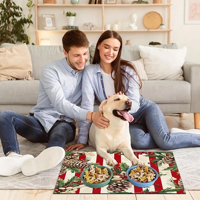 Xmas Pinecone Dog Food Mat for Floors Absorbent, Quick Dry Water Dispenser Mat for Food, Water, Pet Supplies 12" x 20", Christmas Holly