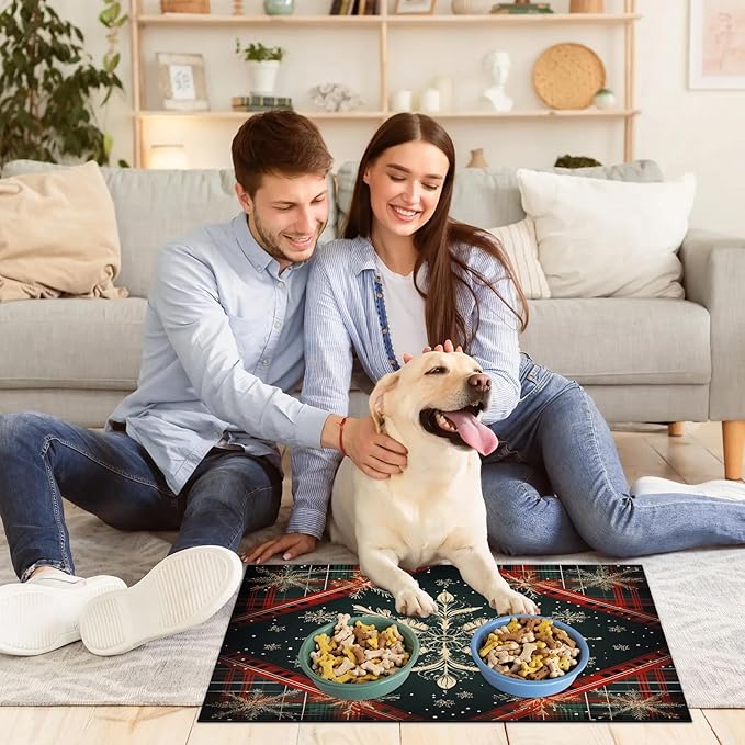 Christmas Check Dog Food Mat for Floors Absorbent, Quick Dry Water Dispenser Mat for Food, Water, Pet Supplies 24" x 32", Xmas Snowflake
