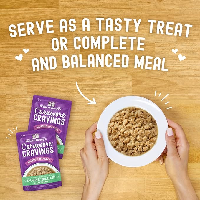 Stella & Chewy's Carnivore Cravings Wet Cat Food Pouches - Premium Salmon & Tuna Recipe - Grain-Free Morsels & Gravy - Perfect for Picky Eaters - Complete Meal or Topper - 2.8oz, 12-Pack