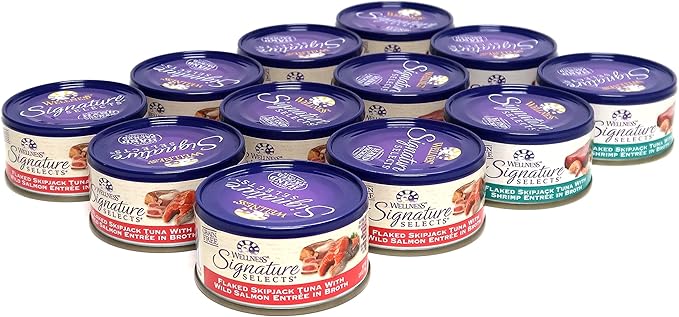 Wellness Natural Grain Free Signature Selects Flaked Wet Cat Food Variety Pack Box - 2 Flavors (Wild Salmon & Shrimp) - 2.8 Ounces Each (12 Total Cans)